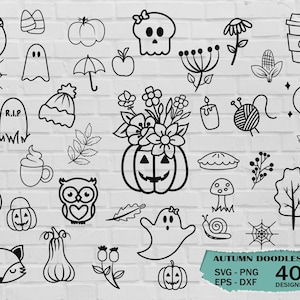 以下が含まれることがあります： 白黒の秋の落書きイラスト40点セット。落書きには、カボチャ、幽霊、葉っぱ、ドングリなどが含まれています。画像の下部に「Autumn Doodles」というテキストがあります。「SVG - PNG EPS - DXF 40 DESIGNS」というテキストも画像の下部にあります。