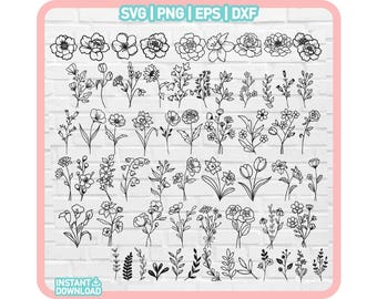 Lot de 75 fleurs svg, svg fleur, fleurs sauvages, svg floral, svg bouquet, arrangement floral svg, clipart floral, svg botanique fleur png
