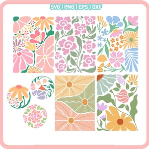 Peut inclure: Un ensemble de huit fichiers de d&eacute;coupe num&eacute;riques pr&eacute;sentant divers motifs floraux. Les motifs comprennent des fleurs roses, bleues, jaunes et vertes avec des feuilles et des tiges. Les motifs sont parfaits pour cr&eacute;er des objets artisanaux, du scrapbooking et d'autres projets.