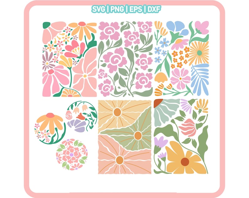 Peut inclure: Un ensemble de huit fichiers de d&eacute;coupe num&eacute;riques pr&eacute;sentant divers motifs floraux. Les motifs comprennent des fleurs roses, bleues, jaunes et vertes avec des feuilles et des tiges. Les motifs sont parfaits pour cr&eacute;er des objets artisanaux, du scrapbooking et d'autres projets.