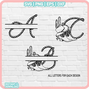 Alfabeto occidental dividido, monograma dividido SVG, alfabeto de marco de monograma dividido, apellido, monograma inicial de cuerda, clipart del alfabeto de vaquera