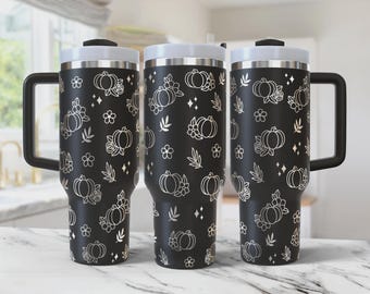 Floral Kürbis 40 Unzen Laser Tumbler Wrap, 40 Unzen Gravur Tumbler Wrap, Pumpkin Quencher Wrap, Lasergravur, Autumn Doodles Full Wrap Design