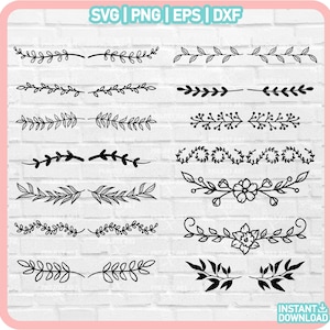 May include: A set of 12 black and white floral divider line illustrations. The illustrations are hand-drawn and feature various floral designs, including leaves, flowers, and vines.