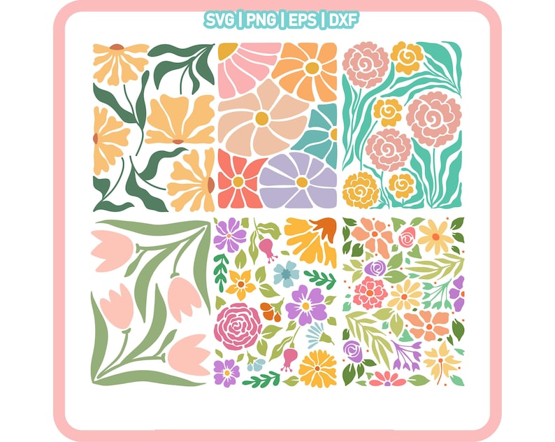 Peut inclure: Une feuille de motifs num&eacute;riques avec neuf motifs floraux diff&eacute;rents. Les motifs pr&eacute;sentent diverses fleurs dans des tons de rose, jaune, vert et bleu. Les motifs sont parfaits pour les projets d'artisanat, le scrapbooking ou la cr&eacute;ation d'&oelig;uvres d'art num&eacute;riques.