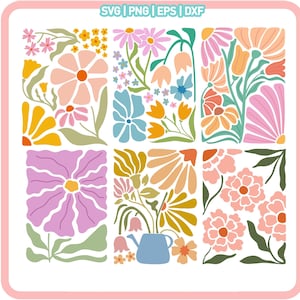 Peut inclure: Un design num&eacute;rique pr&eacute;sentant une collection d'illustrations florales color&eacute;es. Le design comprend diverses fleurs, feuilles et tiges dans des tons de rose, bleu, jaune et vert. Les fleurs sont stylis&eacute;es et ont un style r&eacute;tro.
