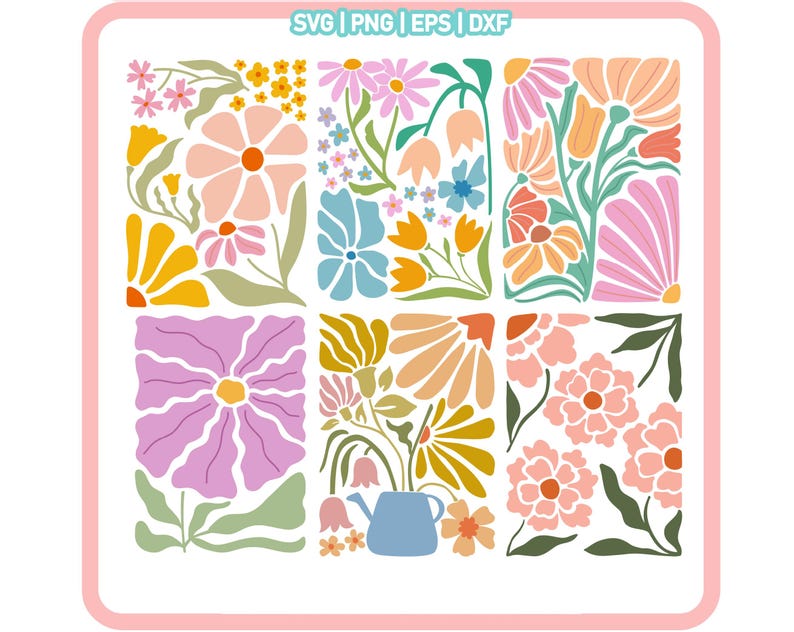 Peut inclure: Un design num&eacute;rique pr&eacute;sentant une collection d'illustrations florales color&eacute;es. Le design comprend diverses fleurs, feuilles et tiges dans des tons de rose, bleu, jaune et vert. Les fleurs sont stylis&eacute;es et ont un style r&eacute;tro.