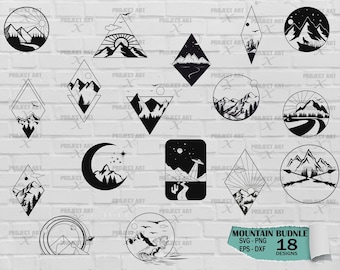 Mountain SVG Bundle, Geometric Landscape SVG, Nature Camping Silhouette, Adventure Clipart, Desert Moon Scene PNG  Mountain silhouette svg