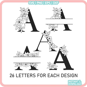Puede incluir: Un conjunto de 26 letras de monograma floral en blanco y negro. Cada letra está rodeada de un diseño floral y tiene espacio para un nombre o texto arriba o debajo de la letra. El texto "26 LETRAS PARA CADA DISEÑO" está en la parte inferior de la imagen.