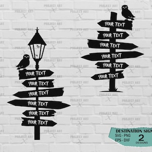 May include: Two black and white destination sign designs featuring an owl and a street lamp. Each sign has six blank spaces for text, with the words "Your Text" printed on each sign.