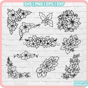 Flores de Natal SVG, arranjos florais SVG, flores SVG, Poinsétia SVG, flores de Natal SVG, flores de dezembro, buquês de enfeites de Natal SVG