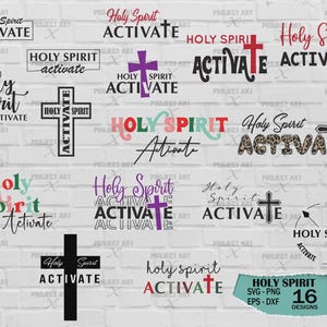 Puede incluir: Una descarga digital de 16 diseños con la frase "Holy Spirit Activate" en varias fuentes, colores y estilos. Algunos diseños incluyen una cruz, mientras que otros presentan un estampado de leopardo o un patrón floral.