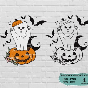 May include: A black and white illustration of a cat wearing a pumpkin hat and sitting on top of a jack-o-lantern. The cat is a ghost with a spooky expression. The image is set against a white brick background.