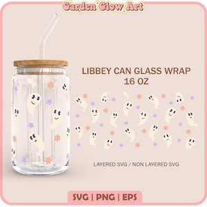 Ghost Libbey Glass Svg, 16oz Glass Can Wrap, Boho Ghost Glass Can Svg, Fall Glass Cup Svg, Libbey Glass 16oz Wrap, Halloween Can Glass Svg
