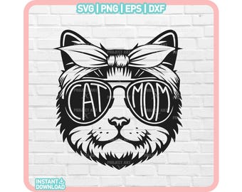Mamá gata SVG, gato con pañuelo PNG, amantes de los gatos, mamá gata, cara de animal SVG, gato gracioso, diseño de camiseta de mamá, diseño de camiseta de mamá, archivo para Cricut