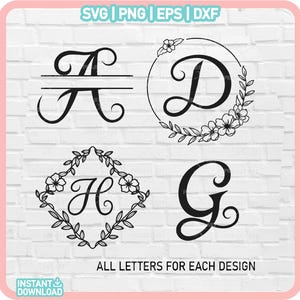 Op de afbeelding: Vier verschillende monogramontwerpen met bloemmotieven. Elk ontwerp heeft een enkele letter in een schrijfletter, omringd door een krans van bladeren en bloemen. De letters zijn A, D, H en G.