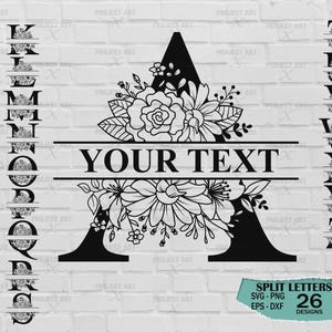 May include: A black letter A with floral designs and the text "YOUR TEXT" above it. The letter A is split in half with the floral designs on the top half and the bottom half is solid black. The floral designs are black and white and include leaves, flowers, and vines. The text "YOUR TEXT" is in black and white and is centered above the letter A.