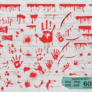 May include: A set of 60 digital design files featuring various blood splatter and drip effects. The designs include handprints, dripping blood, and splatters in red. The text "Help" is included in the design set.