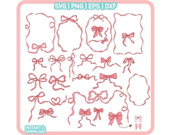 Bow randen, lint boog SVG-bundel, lint svg, boog clip art png, vlinderdas SVG, boog overzicht SVG, handgetekende boog illustraties, grillige frames