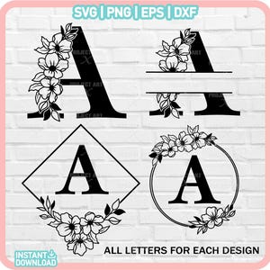 Alfabeto floral SVG, monograma del alfabeto SVG, monograma dividido SVG, alfabeto de flores SVG, corona floral SVG, apellido SVG, letra de monograma SVG