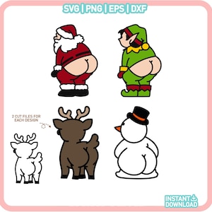 May include: A set of four Christmas-themed SVG cut files featuring a Santa Claus, an elf, a reindeer, and a snowman. Each character is depicted from behind with their rear end facing the viewer. The designs are in a cartoon style with bold outlines and bright colors.