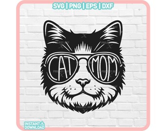 Cat mom SVG, cat with glasses PNG, Cat lovers, cat mama, animal face svg, Funny cat, Mom Shirt Design, Mama shirt design, file for cricut