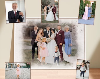 Añadir persona a foto, fusión realista de diferentes fotos, combinar fotos familiares, añadir persona fallecida a foto, retrato familiar de boda personalizado