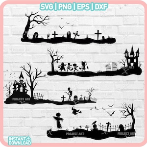 Halloween Szene SVG, Halloween-Dekoration, Gruseliger Friedhof SVG, Haunted House SVG, Halloween-Kostümparty SVG, Kürbis-Silhouette, Wandkunst