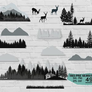 Foresta SVG, pacchetto SVG con silhouette di pino, pini, montagna SVG per Cricut, sublimazione di involucro per bicchiere, linea degli alberi SVG, campeggio, montagna