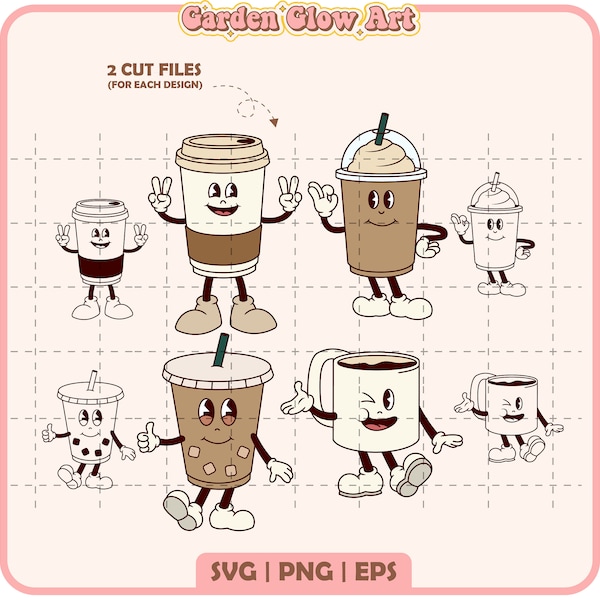 Retro Coffee character svg, retro character design svg, ice coffee character svg, vintage funny coffee svg, retro cup of coffee, groovy cup