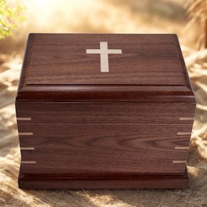 Handmade Walnut Wood Cremation Urn with Maple Cross Inlay - Made to Order