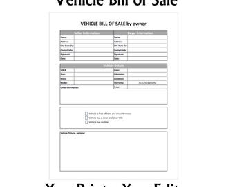 Easy Vehicle Bill of Sale by owner template or print & use (Digital Download) #billofsale