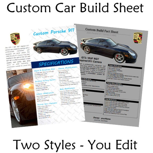 Ensemble de modèles de feuilles de construction de voiture, formats MS Word et PDF, deux styles inclus, affichez des photos, des faits et des informations sur votre construction.