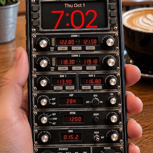 May include: A smartphone displaying a digital interface designed to resemble an aircraft avionics radio stack. The screen features red digital text showing the date Thu Oct 1 and time 7:02, alongside various frequency displays, knobs, and toggle switches.