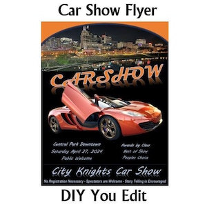 Flyersjabloon autoshow, MS Word- en pdf-indeling, afbeeldingen, details en informatie over je evenement weergeven. Adverteer je evenement met klasse!