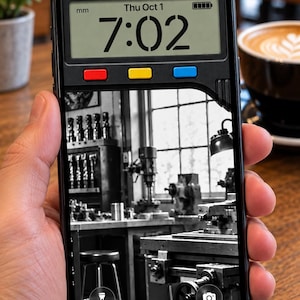 May include: A smartphone displaying a digital lock screen with a black and white photograph of a machine shop. The screen features the text Thu Oct 1, 7:02, and mm, along with three small rectangular buttons in red, yellow, and blue colors.