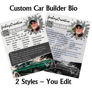 May include: Two custom car builder bio templates by fatboyCreative featuring a QR code, builder photo, and project details. The layouts include sections for skills like fabrication, engine building, and bodywork, with a green car graphic at the bottom.