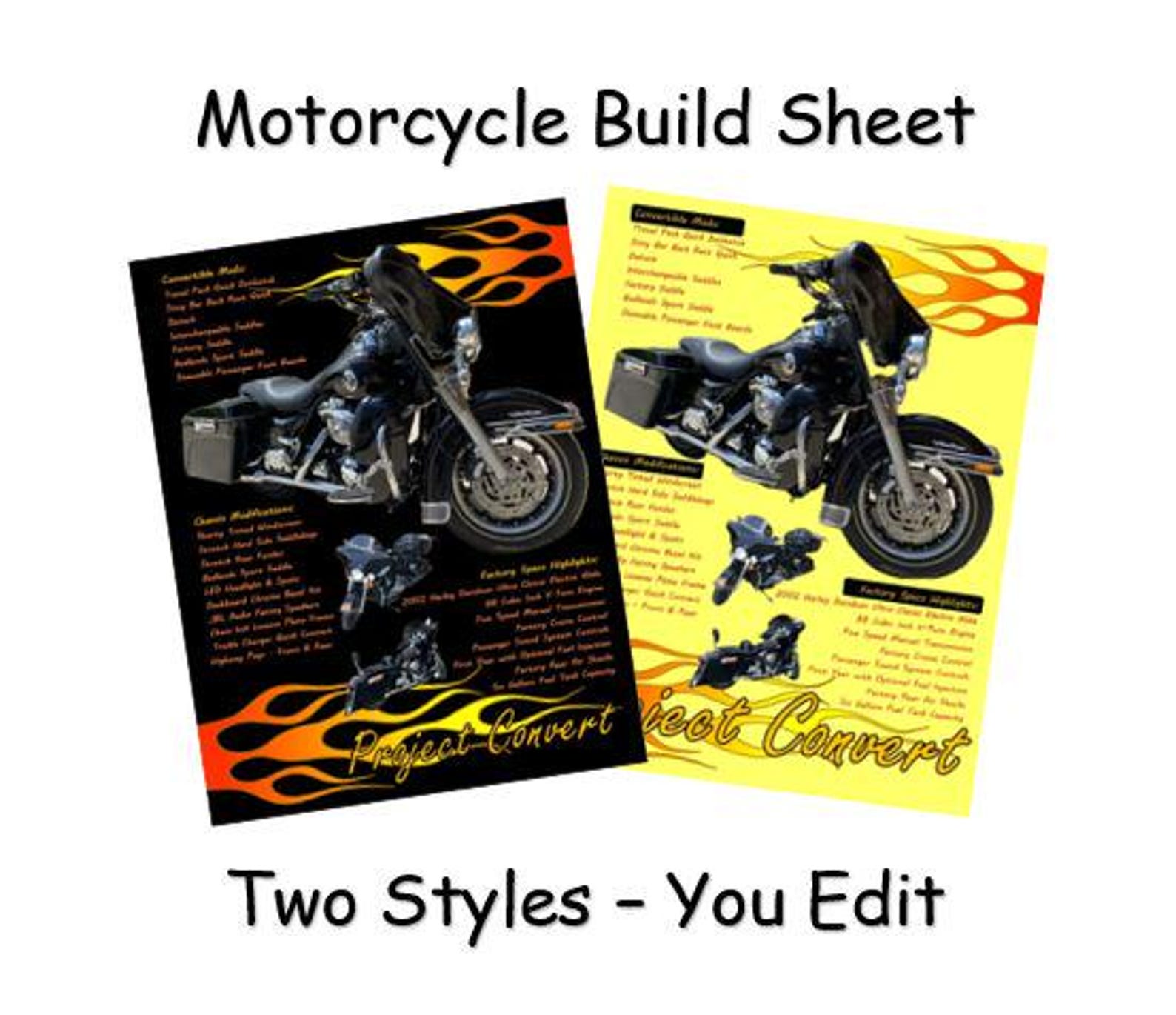 Show Motorcycle Build Sheet Template, Editable MS Word & PDF, 2 Styles ...