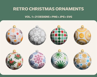 21 Retro Christmas Ornament Clip Art Designs Vol. 1, Holiday Baubles PNG JPG SVG, Christmas Cut Files