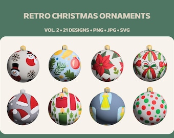 21 Retro Christmas Ornament Clip Art Designs Vol. 2, Holiday Baubles PNG JPG SVG, Christmas Cut Files