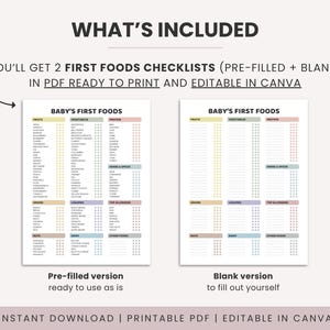 Lista de verificación de los primeros alimentos del bebé (PDF imprimible) / Rastreador de 100 alimentos para la alimentación complementaria dirigida por el bebé (BLW) / Tabla de alimentación complementaria dirigida por el bebé (BLW) / Lista de alimentos sólidos iniciales / Plantilla editable de Canva imagen 3