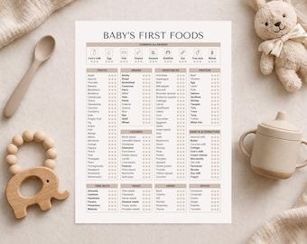 Lista de verificación imprimible para los primeros alimentos del bebé / Registro minimalista de alimentos para bebés / Más de 130 alimentos y alérgenos / Tabla de destete editable / Introducción de alimentos sólidos