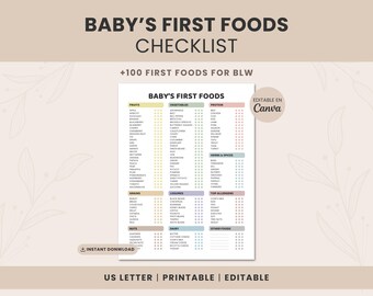 Baby's First Foods Checklist Printable PDF | Editable Canva Baby Led Weaning Food Tracker | Starting Solids Guide Chart | Digital Download