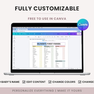 Puede incluir: Un port&aacute;til muestra una lista de verificaci&oacute;n de alimentos para beb&eacute;s personalizable titulada "OLIVER'S FIRST FOODS". La pantalla muestra una lista de frutas, verduras y prote&iacute;nas. El logotipo de Canva es visible. El texto incluye "ADD BABY'S NAME", "EDIT CONTENT", "CHANGE COLORS" y "CHANGE FONTS".