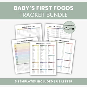 Puede incluir: Un paquete de cinco plantillas imprimibles para el seguimiento de los primeros alimentos del bebé. Las plantillas incluyen un registro de alimentos, un rastreador de alérgenos, un planificador de comidas y una lista de primeros alimentos. El texto de la imagen dice "Baby's First Foods Tracker Bundle" y "Editable in Canva".