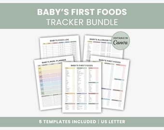 Baby First Foods Tracker Printable Bundle | Checklist, Meal Planner, Food Log, Allergen Tracker | Baby-Led Weaning Planner | Editable Canva