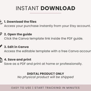 May include: A beige graphic with the words "INSTANT DOWNLOAD" at the top. Below, numbered steps explain how to download, open, edit, and save a digital product. The text also states that it is a digital product only and no physical product will be shipped.
