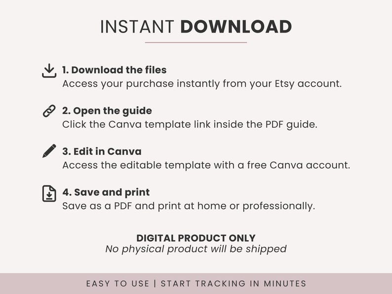 May include: A beige graphic with the words "INSTANT DOWNLOAD" at the top. Below, numbered steps explain how to download, open, edit, and save a digital product. The text also states that it is a digital product only and no physical product will be shipped.