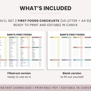 May include: Two printable checklists titled "Baby's First Foods" with a pastel color scheme. One checklist is filled out, and the other is blank. The text reads "What's Included" and "Ready to print and editable in Canva."
