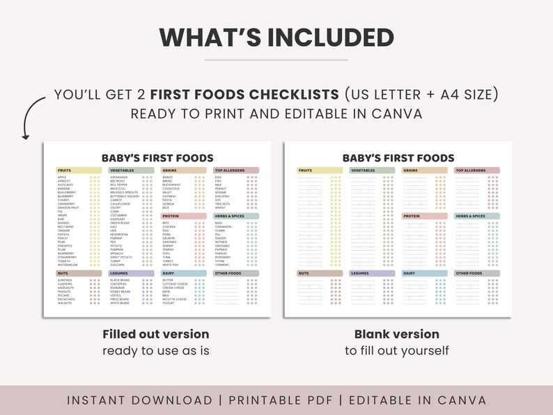 May include: Two printable checklists titled "Baby's First Foods" with a pastel color scheme. One checklist is filled out, and the other is blank. The text reads "What's Included" and "Ready to print and editable in Canva."