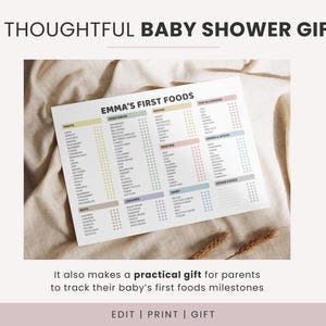May include: A white chart titled "EMMA'S FIRST FOODS" with a list of fruits, vegetables, grains, protein, dairy, nuts, and spices. The text "A THOUGHTFUL BABY SHOWER GIFT" is at the top. The text "It also makes a practical gift for parents to track their baby's first foods milestones" is at the bottom.